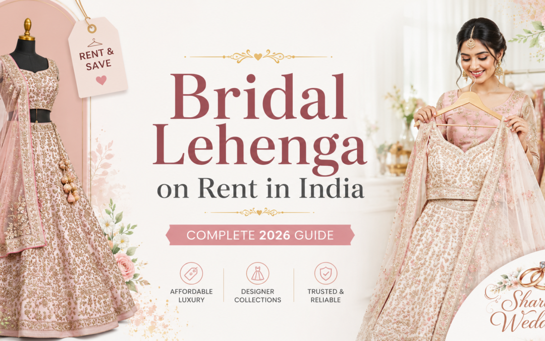 Elegant bridal lehenga on rent in India 2026 featured image with pastel designer lehenga, happy bride, and Share ur Wedding logo.