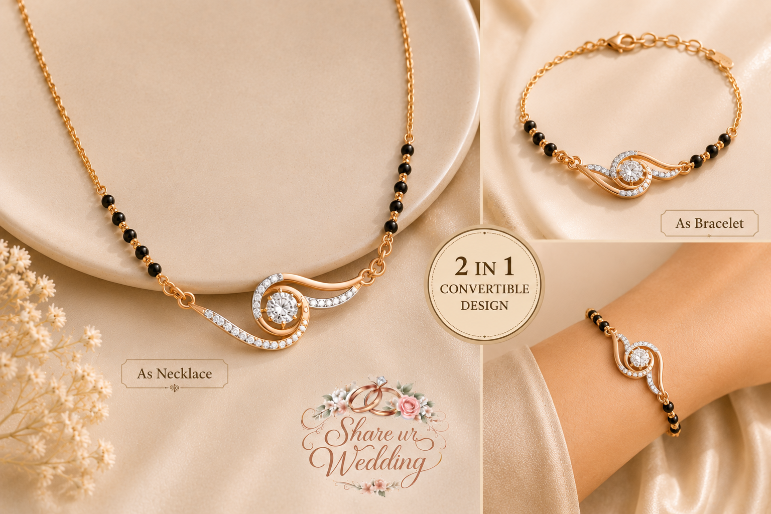 Convertible bracelet necklace modern mangalsutra with diamond pendant and black beads