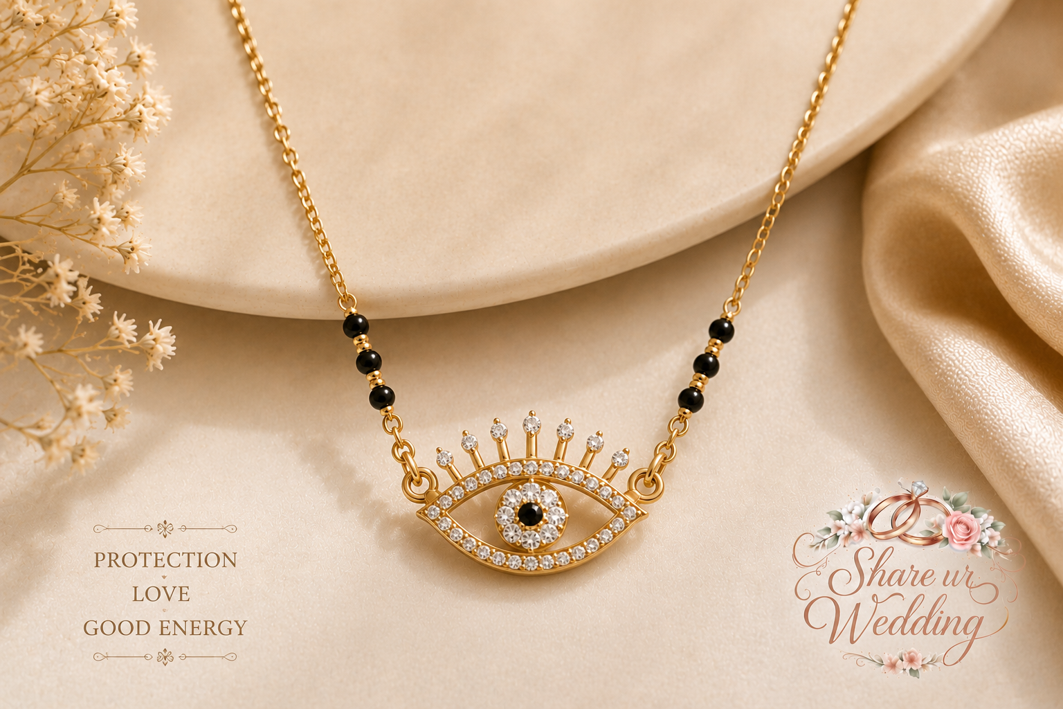 Evil eye modern mangalsutra with diamond pendant and black beads for daily wear