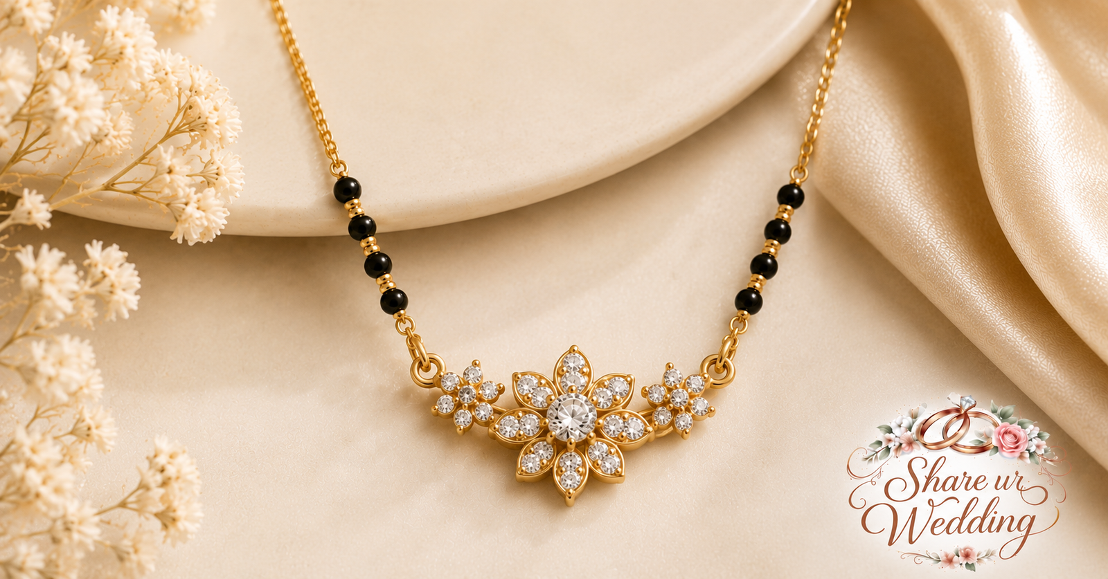 Floral diamond cluster modern mangalsutra with black beads for daily wear