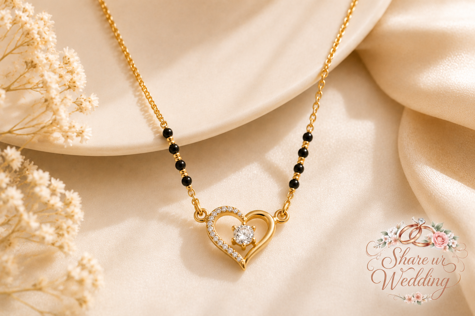 Heart-shaped diamond modern mangalsutra with black beads for daily wear
