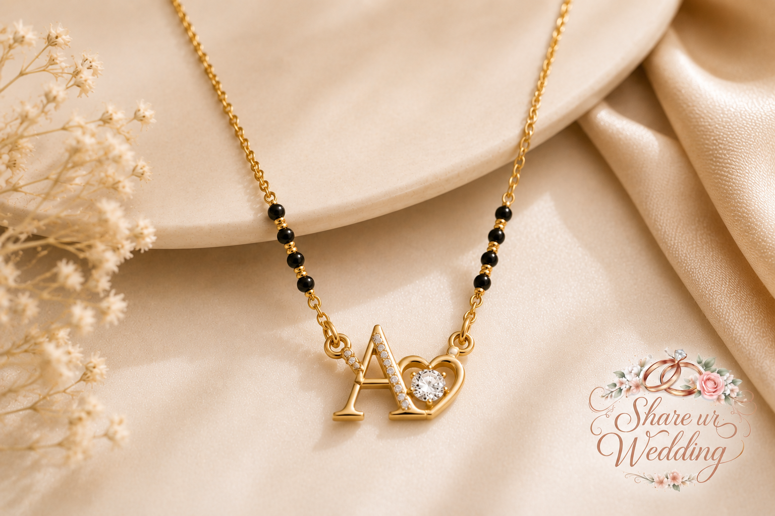 Personalized initial pendant modern mangalsutra with diamond and black beads