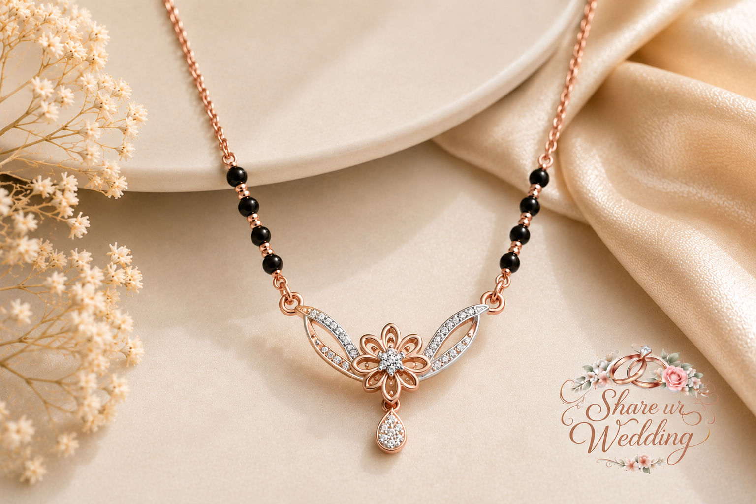 Rose gold and dual-tone modern mangalsutra with diamond floral pendant and black beads