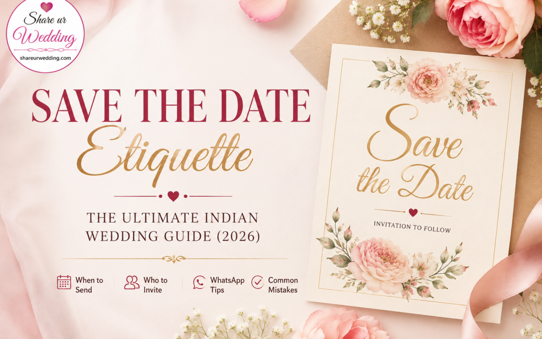 Elegant Save the Date Etiquette featured image with floral wedding invitation, rings, and Share ur Wedding logo for an Indian wedding guide.